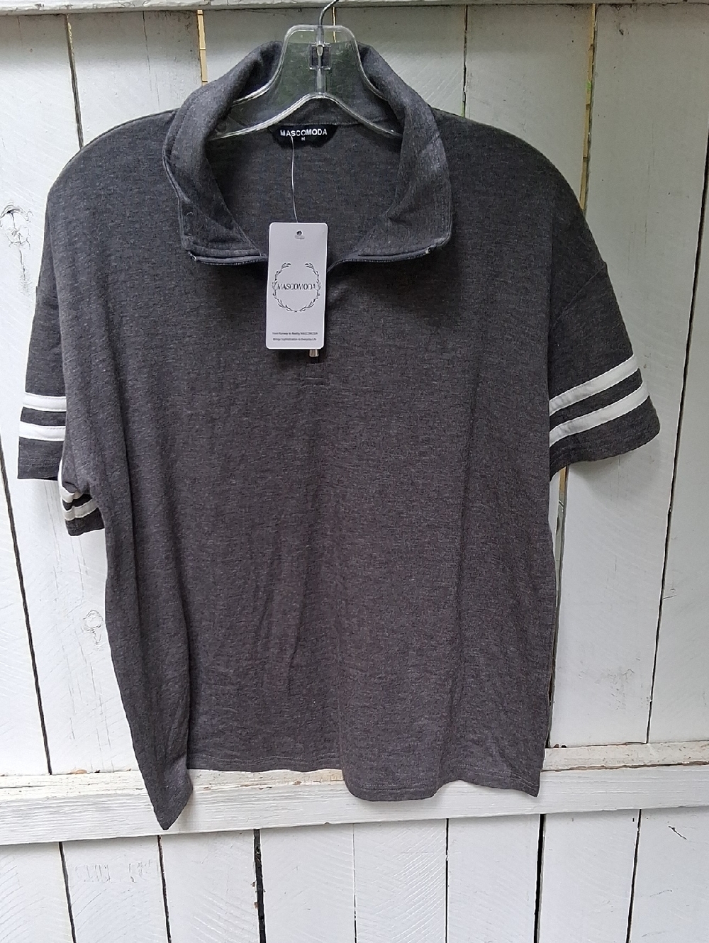 Mascomoda Women's Short Sleeve Heather Gray Polo Top with Stripe Detail